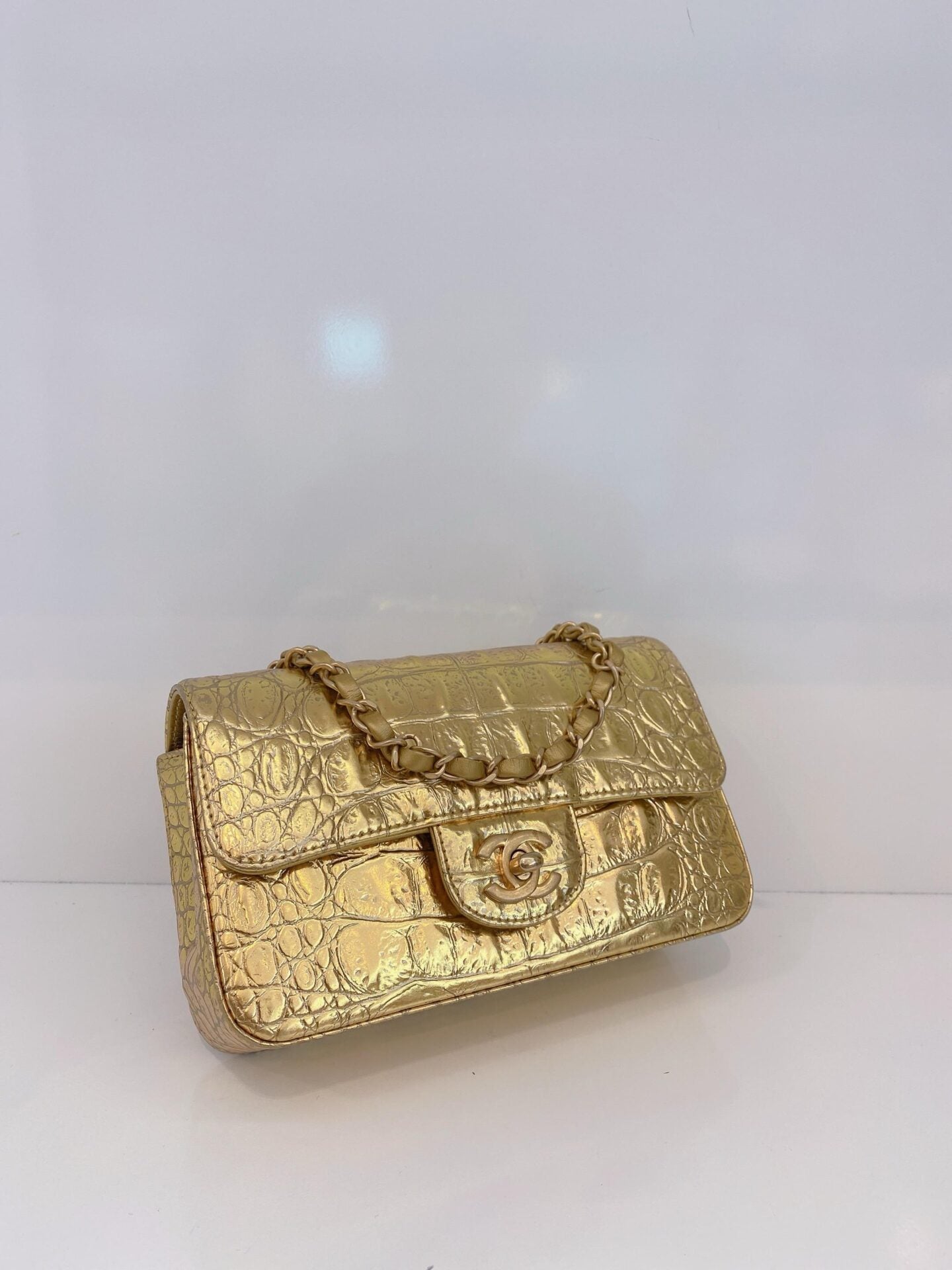 GOLD METALLIC CALFSKIN CROCODILE EMBOSSED RECTANGULAR MINI FLAP BAG