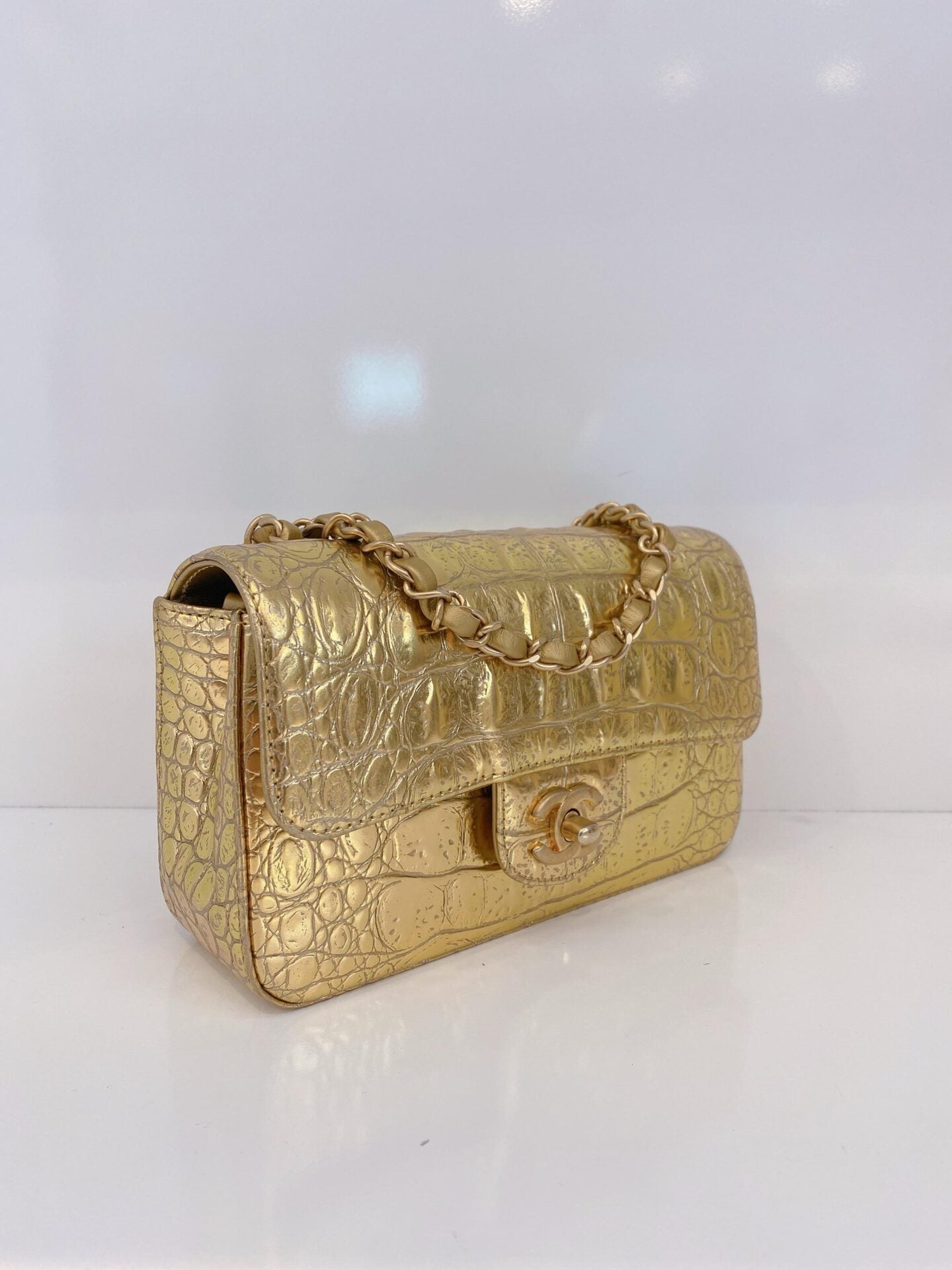 GOLD METALLIC CALFSKIN CROCODILE EMBOSSED RECTANGULAR MINI FLAP BAG