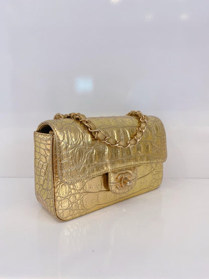 GOLD METALLIC CALFSKIN CROCODILE EMBOSSED RECTANGULAR MINI FLAP BAG