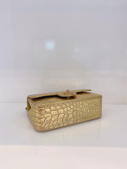 GOLD METALLIC CALFSKIN CROCODILE EMBOSSED RECTANGULAR MINI FLAP BAG