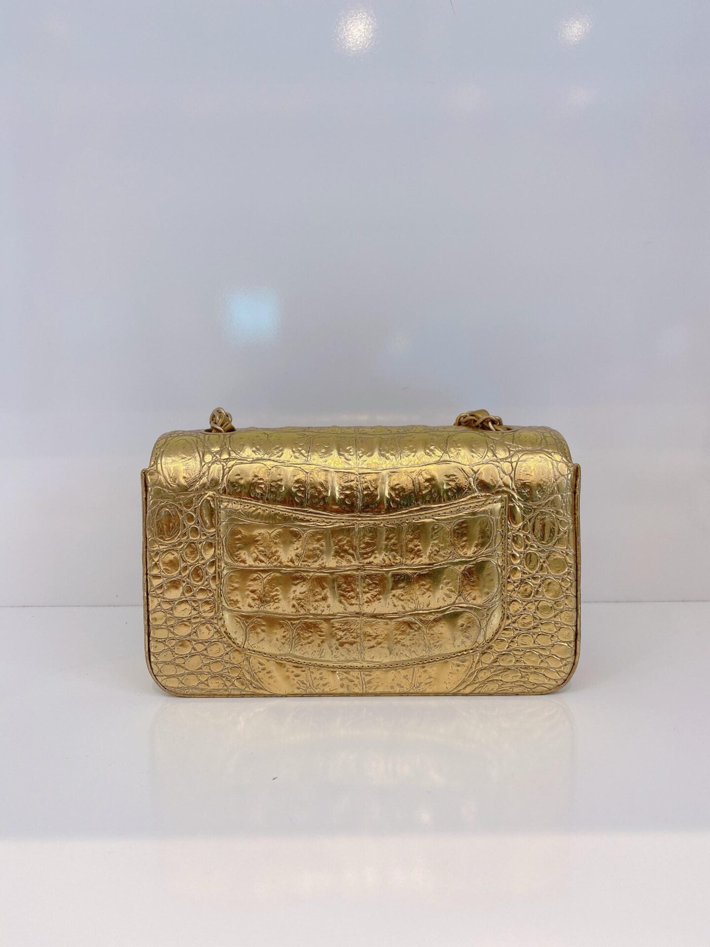 GOLD METALLIC CALFSKIN CROCODILE EMBOSSED RECTANGULAR MINI FLAP BAG