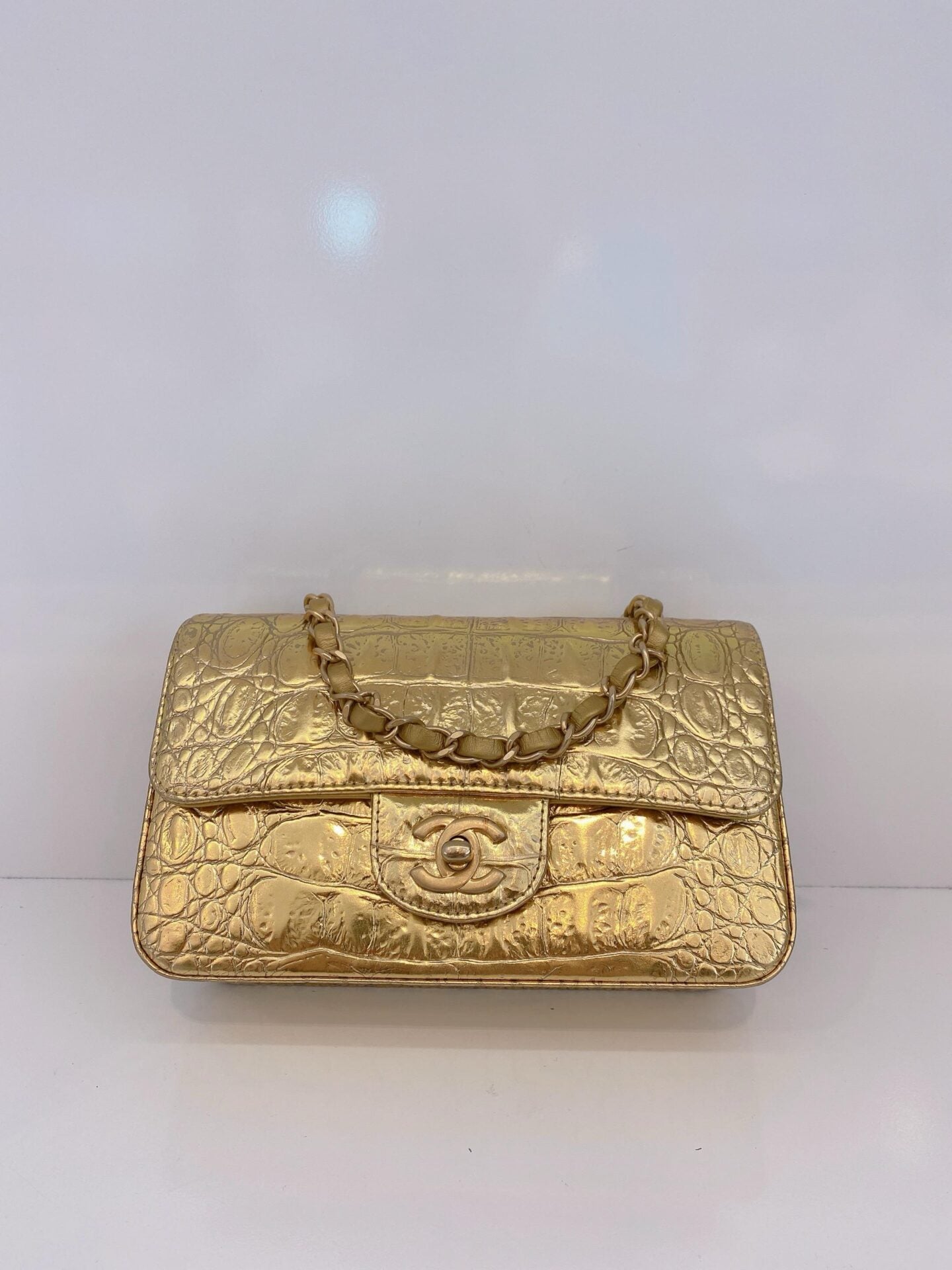 GOLD METALLIC CALFSKIN CROCODILE EMBOSSED RECTANGULAR MINI FLAP BAG
