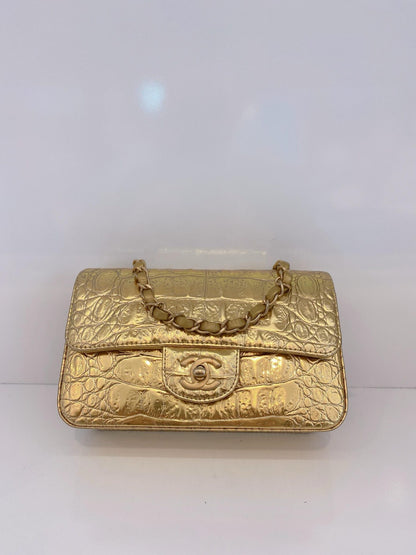 GOLD METALLIC CALFSKIN CROCODILE EMBOSSED RECTANGULAR MINI FLAP BAG