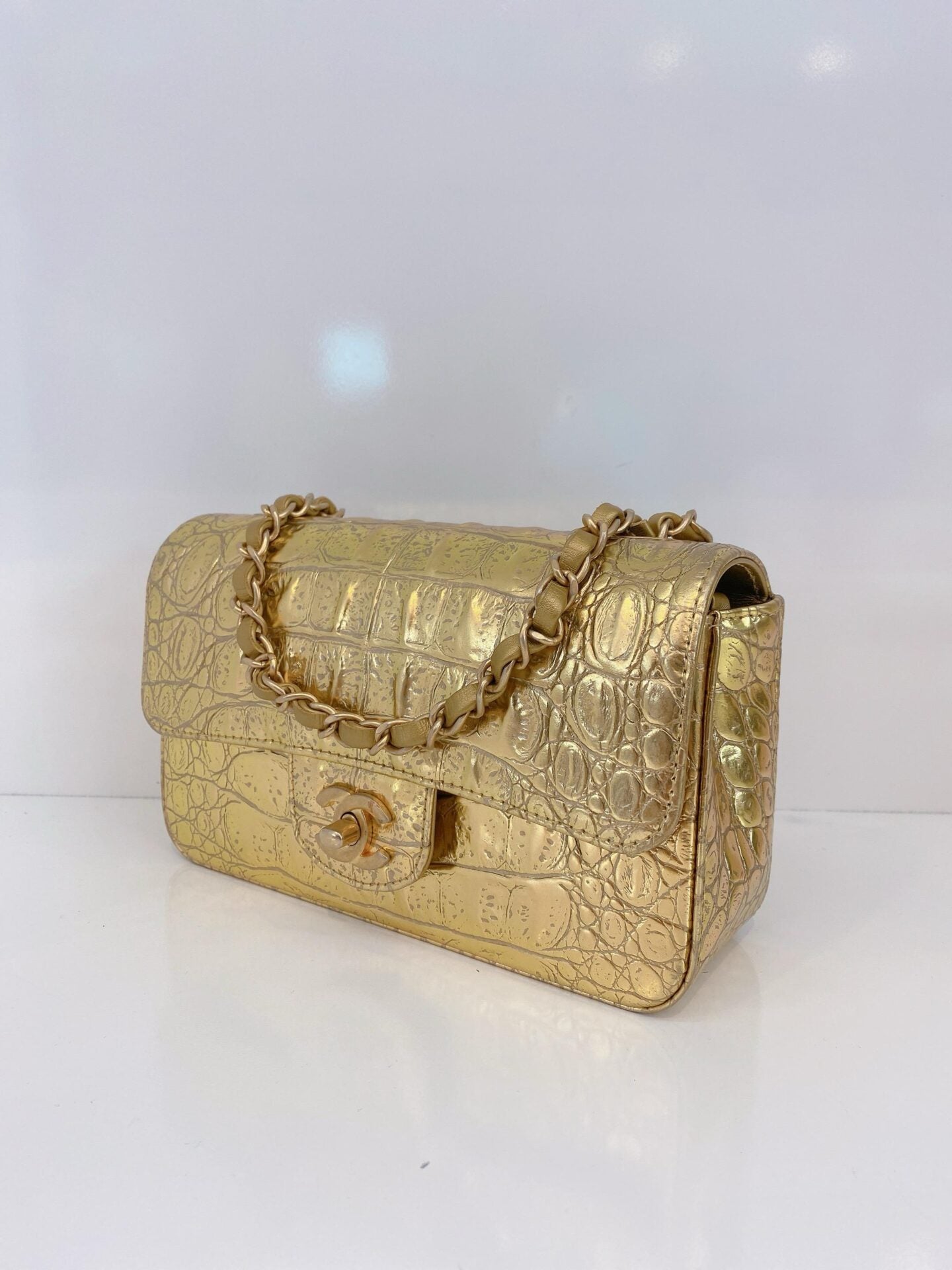 GOLD METALLIC CALFSKIN CROCODILE EMBOSSED RECTANGULAR MINI FLAP BAG