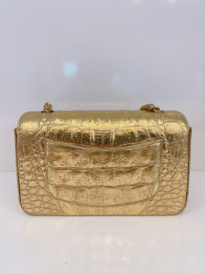 GOLD METALLIC CALFSKIN CROCODILE EMBOSSED RECTANGULAR MINI FLAP BAG
