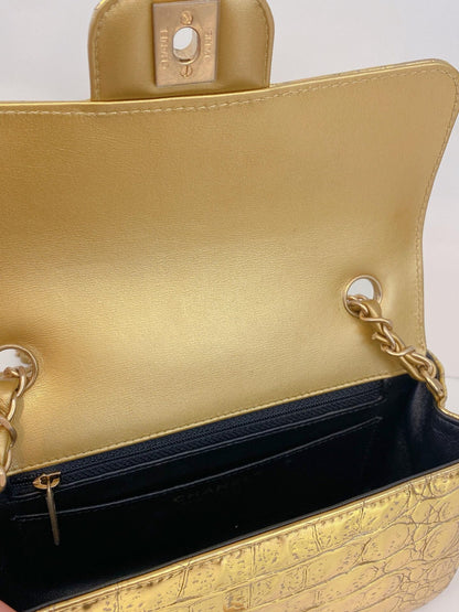 GOLD METALLIC CALFSKIN CROCODILE EMBOSSED RECTANGULAR MINI FLAP BAG