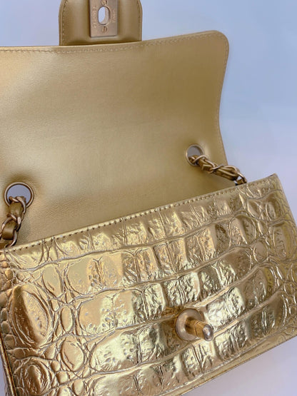 GOLD METALLIC CALFSKIN CROCODILE EMBOSSED RECTANGULAR MINI FLAP BAG