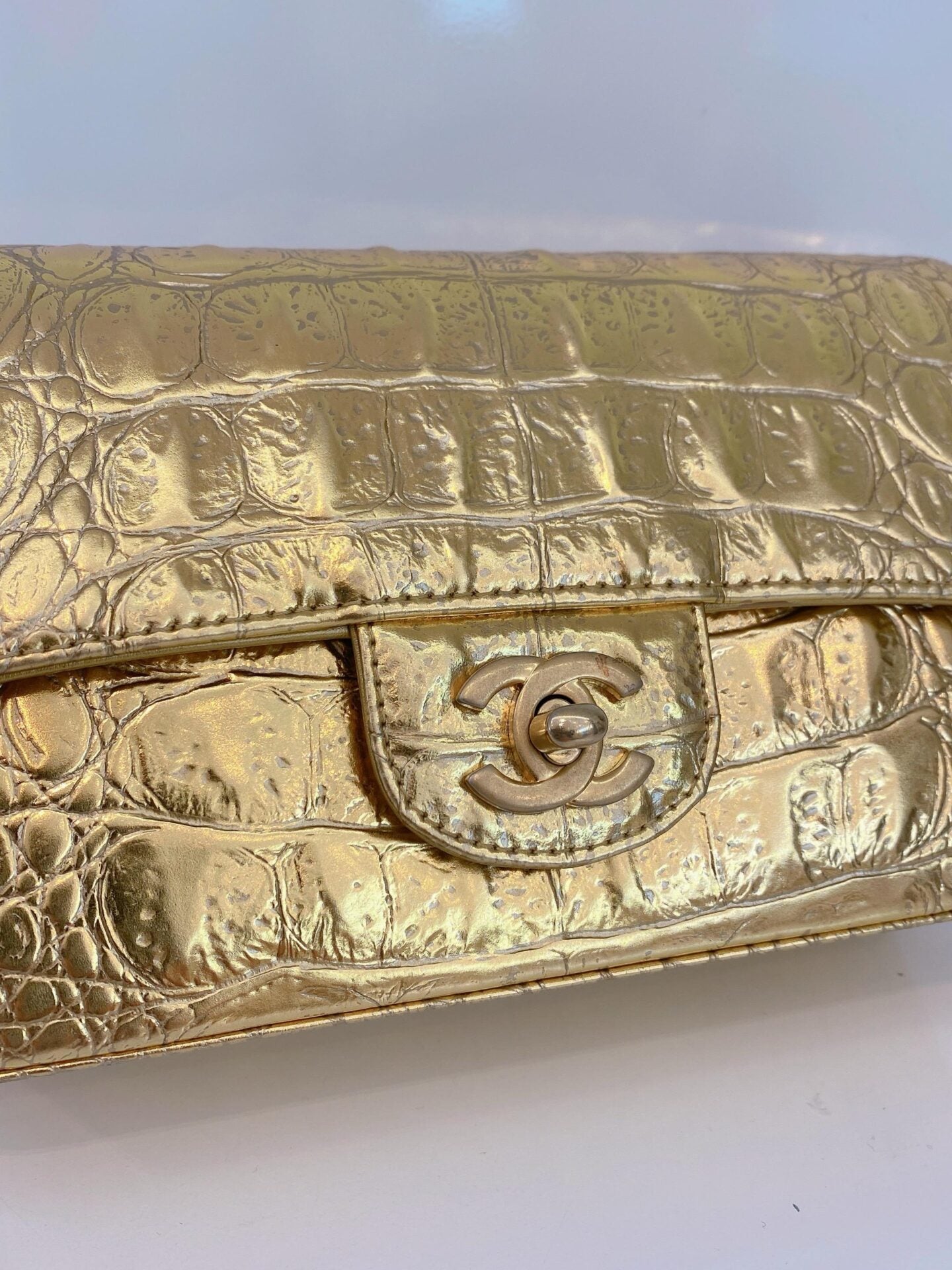 GOLD METALLIC CALFSKIN CROCODILE EMBOSSED RECTANGULAR MINI FLAP BAG