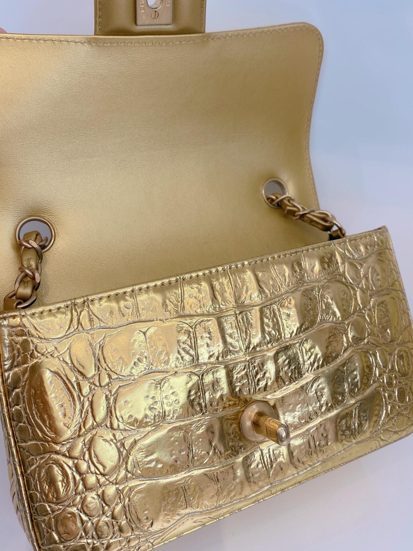 GOLD METALLIC CALFSKIN CROCODILE EMBOSSED RECTANGULAR MINI FLAP BAG