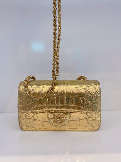 GOLD METALLIC CALFSKIN CROCODILE EMBOSSED RECTANGULAR MINI FLAP BAG