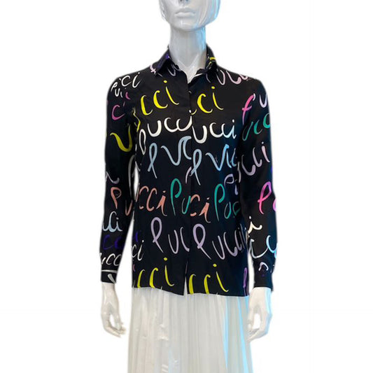 BLACK LOGO PRINT SILK SHIRT 34