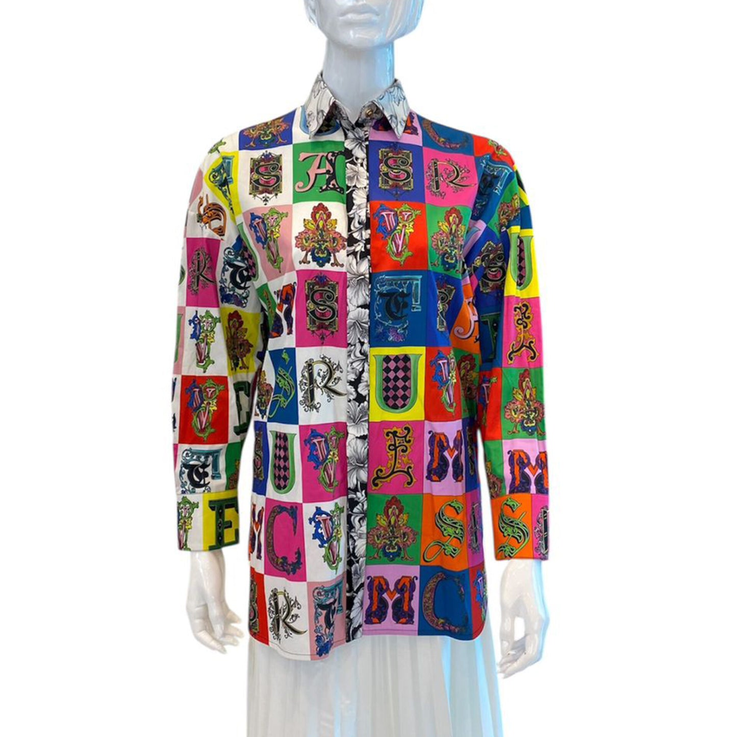 MULTICOLOR BAROQUE ALPHABET PRINTED SILK SHIRT 38