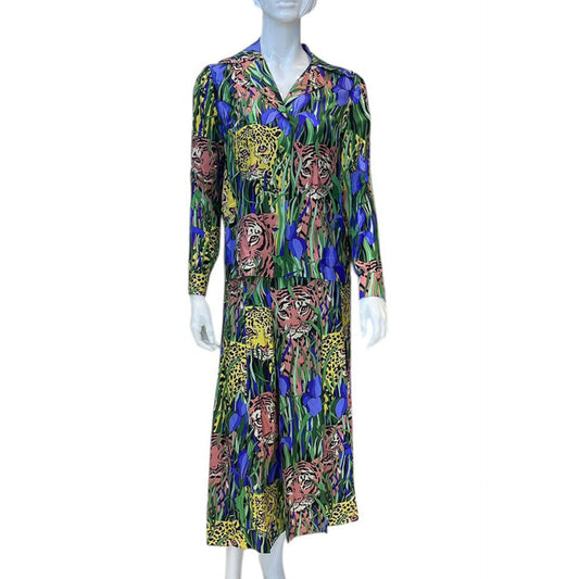 GREEN MULTICOLOR FELINE GARDEN PRINTED SILK SHIRT AND SKIRT SET 40/44