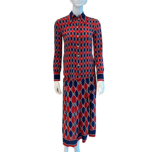 RED BLUE RHOMBUS PRINT SILK SHIRT AND SKIRT SET 40/44