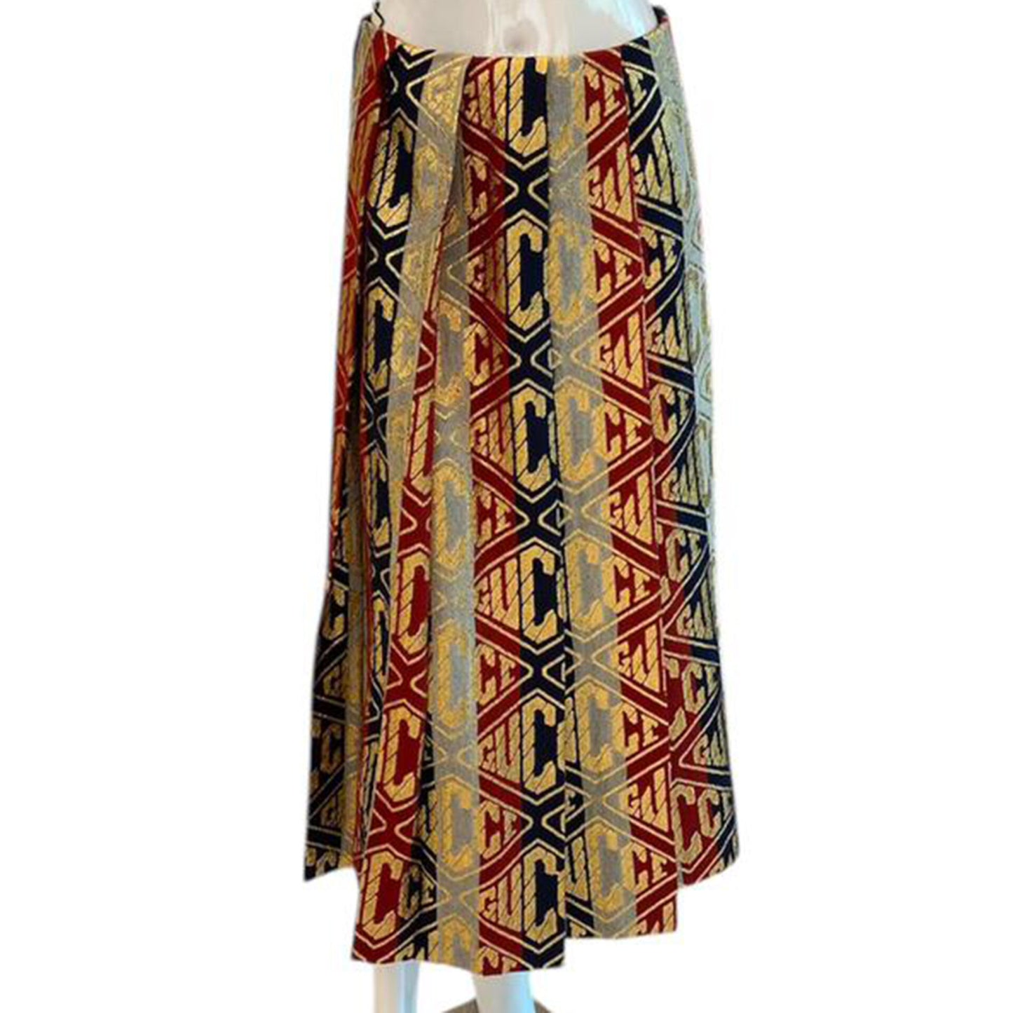 RED BLUE ALL OVER LOGO LUREX WOOL PLEATED MIDI SKIRT 40