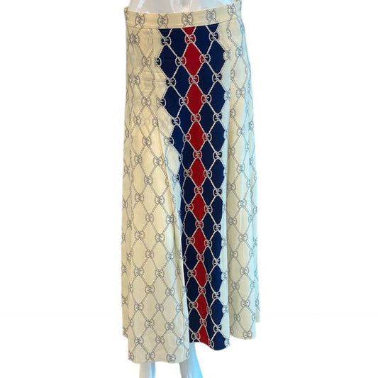CREAM AND NAVY BLUE SILK RHOMBUS SKIRT 44