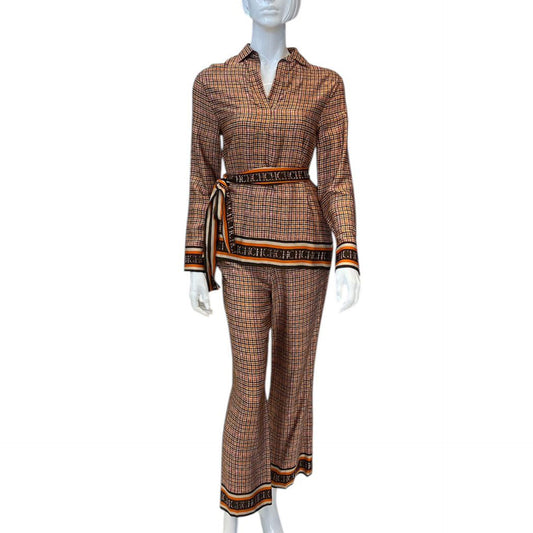BROWN ORANGE CHECK SILK BLOUSE AND TROUSER SET XS/2