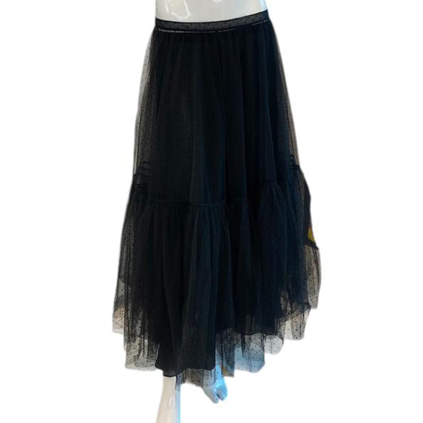 BLACK MESH EMBROIDERED RUFFLE BLOUSE MESH MID LENGTH POLKADOT PLEATED SKIRT 44/46