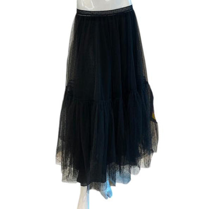 BLACK MESH EMBROIDERED RUFFLE BLOUSE MESH MID LENGTH POLKADOT PLEATED SKIRT 44/46