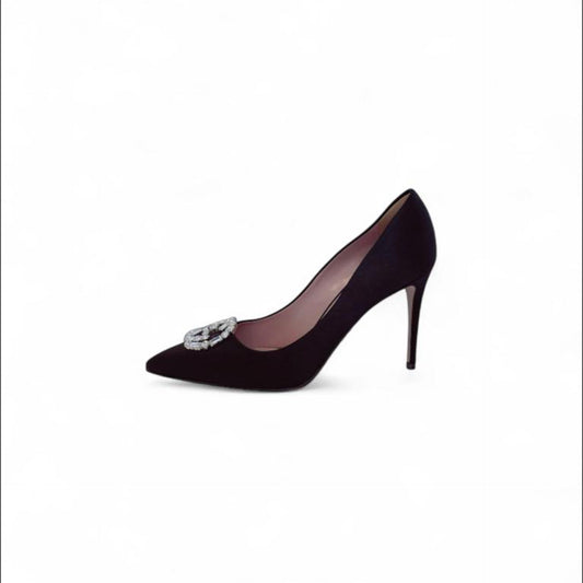 BLACK SATIN GG CRYSTAL POINTED TOE PUMPS 39