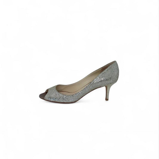 SILVER GLITTER FABRIC ISABEL PEEP TOE PUMPS 39.5