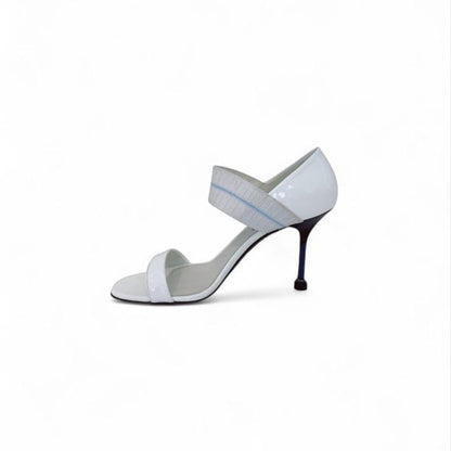 WHITE PATENT LEATHER ELASTIC STRAP OPEN TOE PUMPS 40