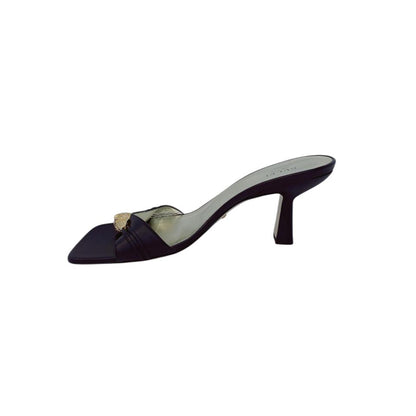 BLACK LEATHER DORA OPEN TOE SLIDE SANDALS 40.5
