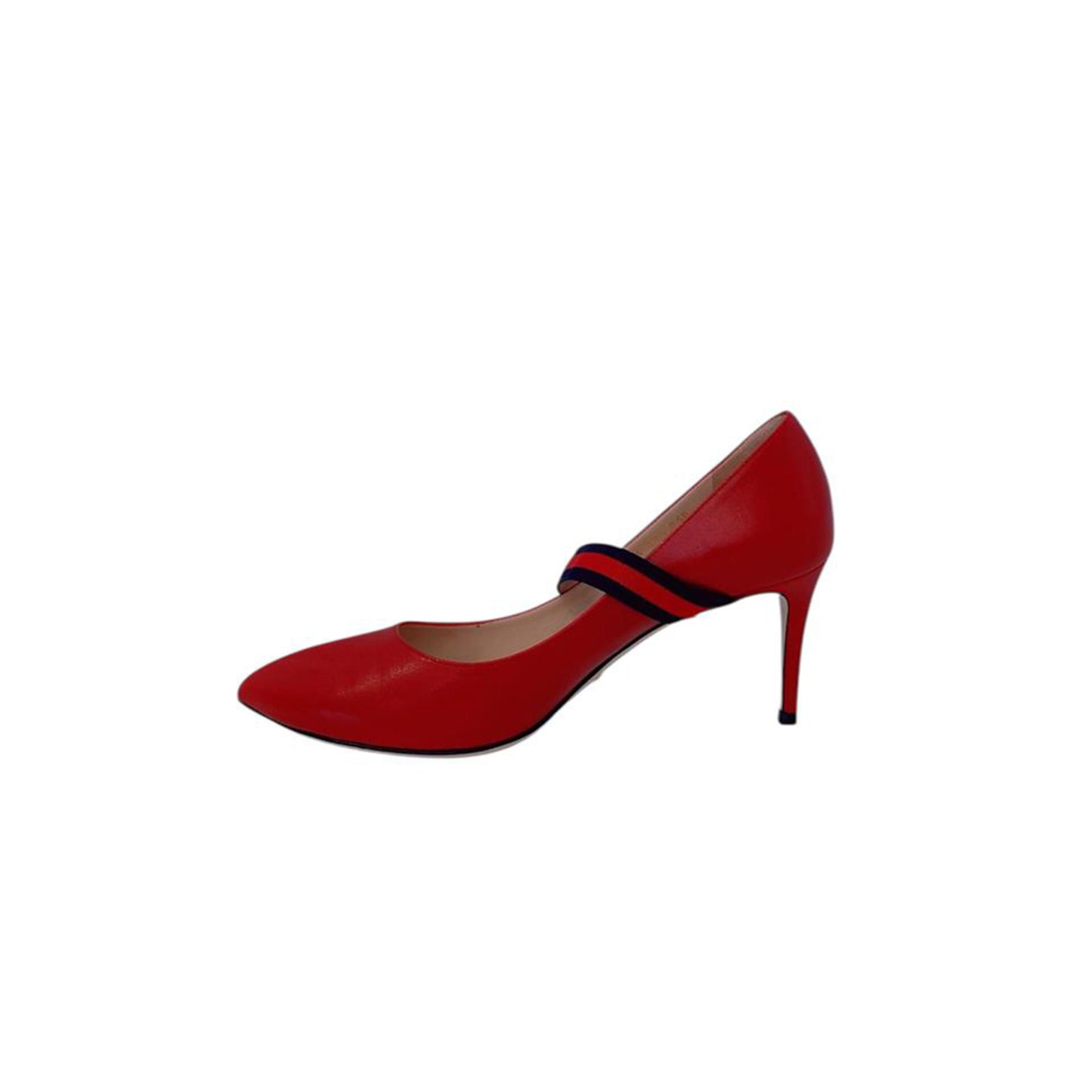 RED LEATHER SYLVIE VINTAGE WEB STRAP PUMPS 39.5