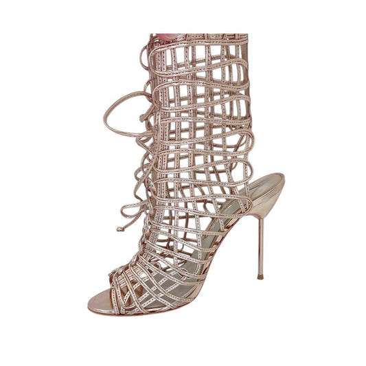METALLIC ROSE GOLD LEATHER DELPHINE PEEP TOE CAGE SANDALS 40