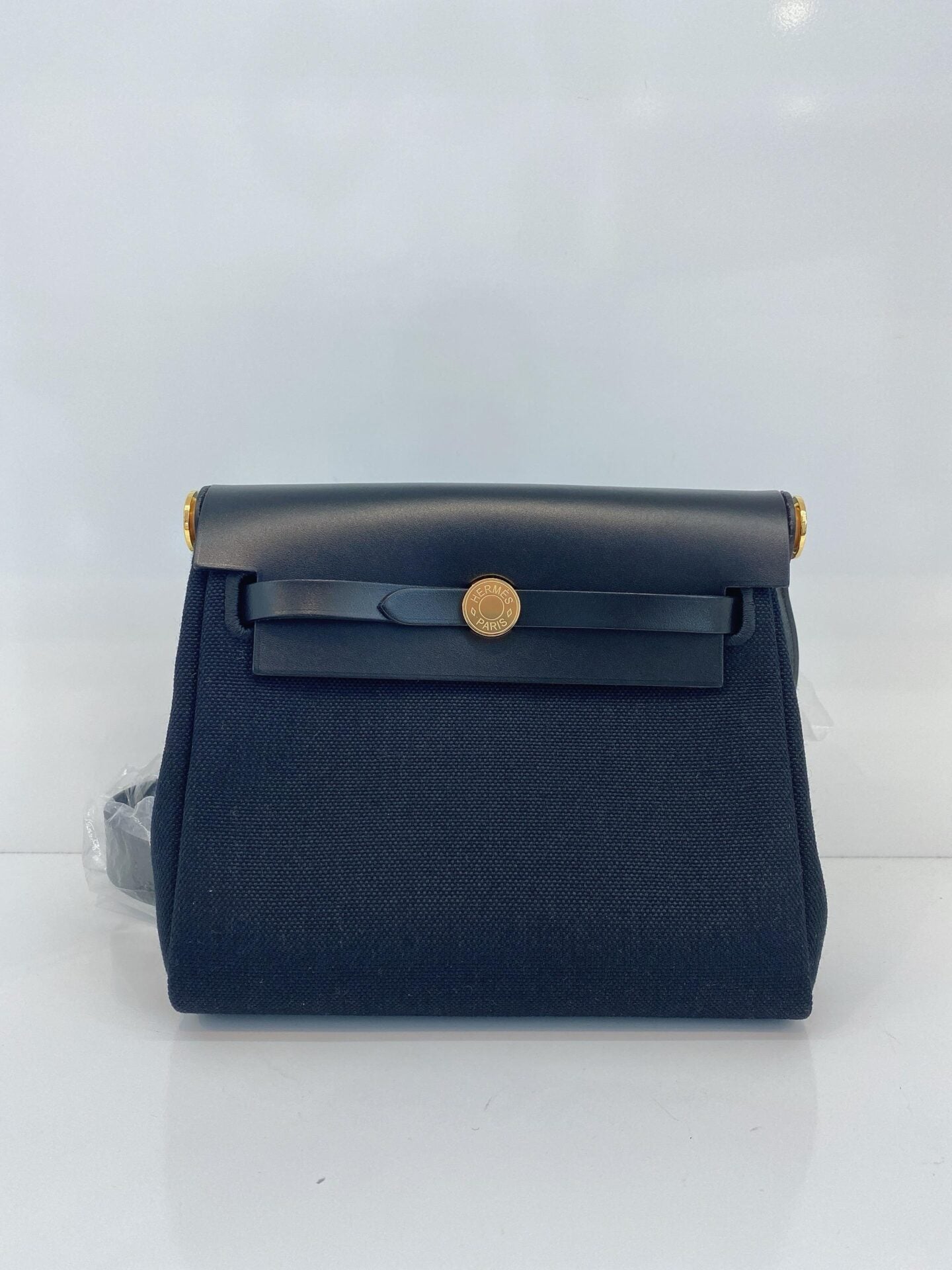 HERBAG ZIP 20 MINI BLACK TOILE MILITAIRE CANVAS AND BLACK VACHE HUNTER GOLD HARDWARE