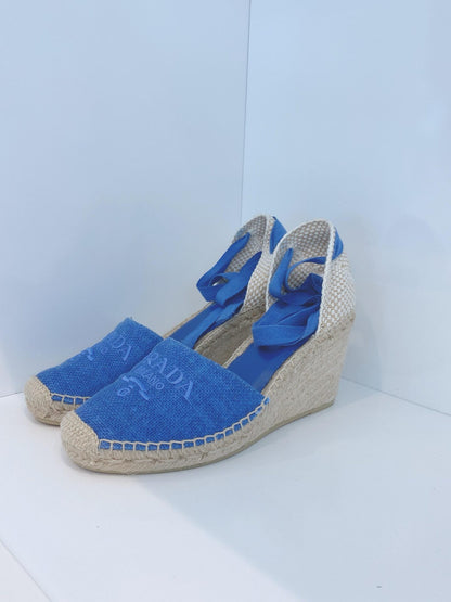 BLUE LINEN ESPADRILLE WEDGE SANDALS 40