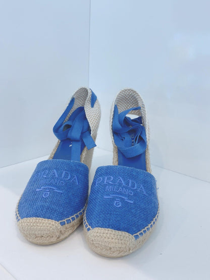 BLUE LINEN ESPADRILLE WEDGE SANDALS 40