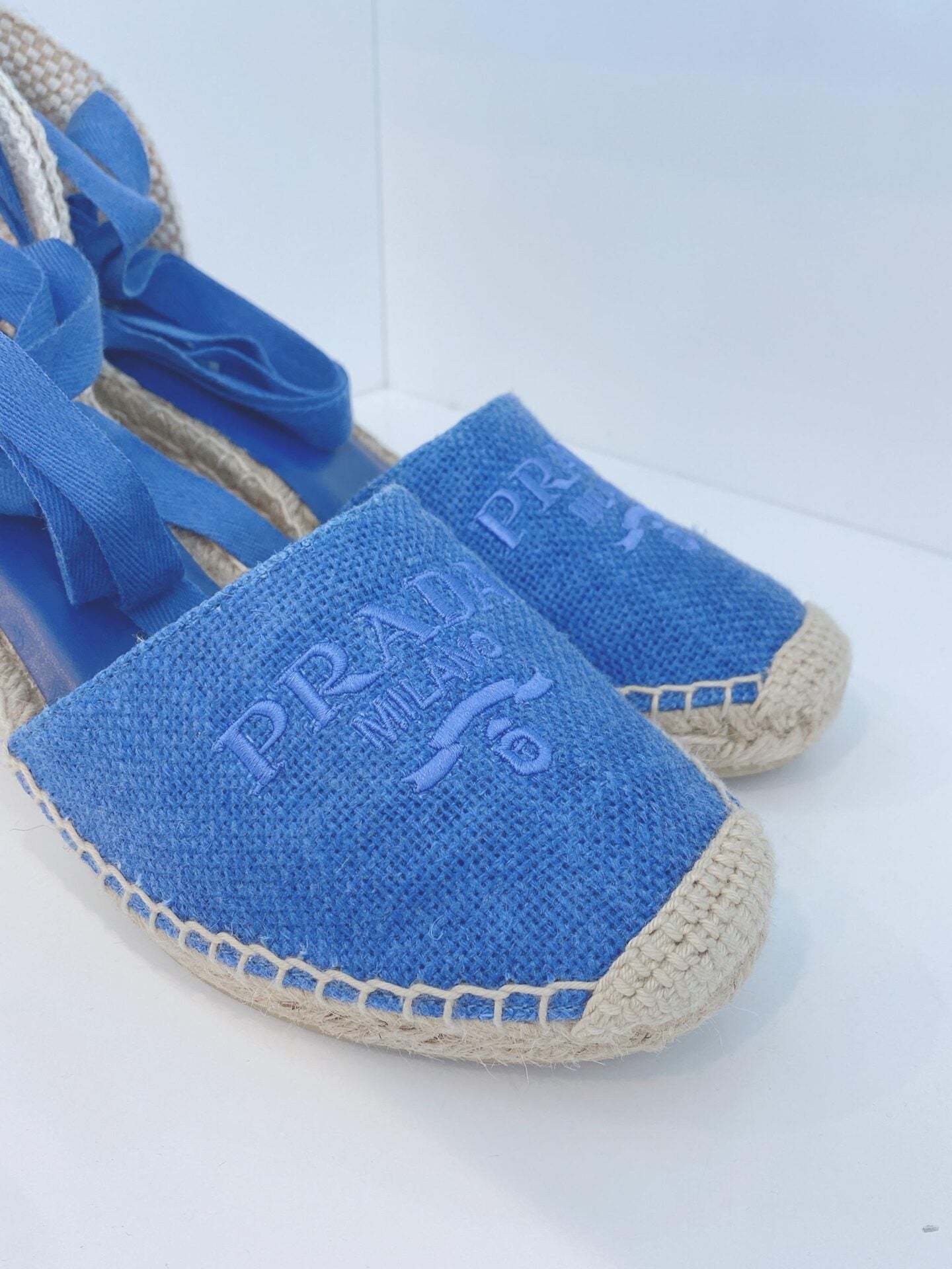 BLUE LINEN ESPADRILLE WEDGE SANDALS 40