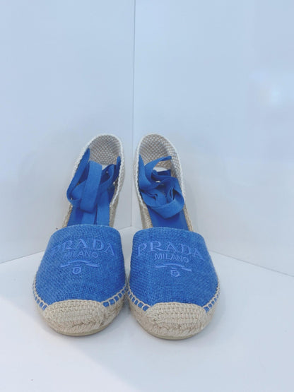 BLUE LINEN ESPADRILLE WEDGE SANDALS 40