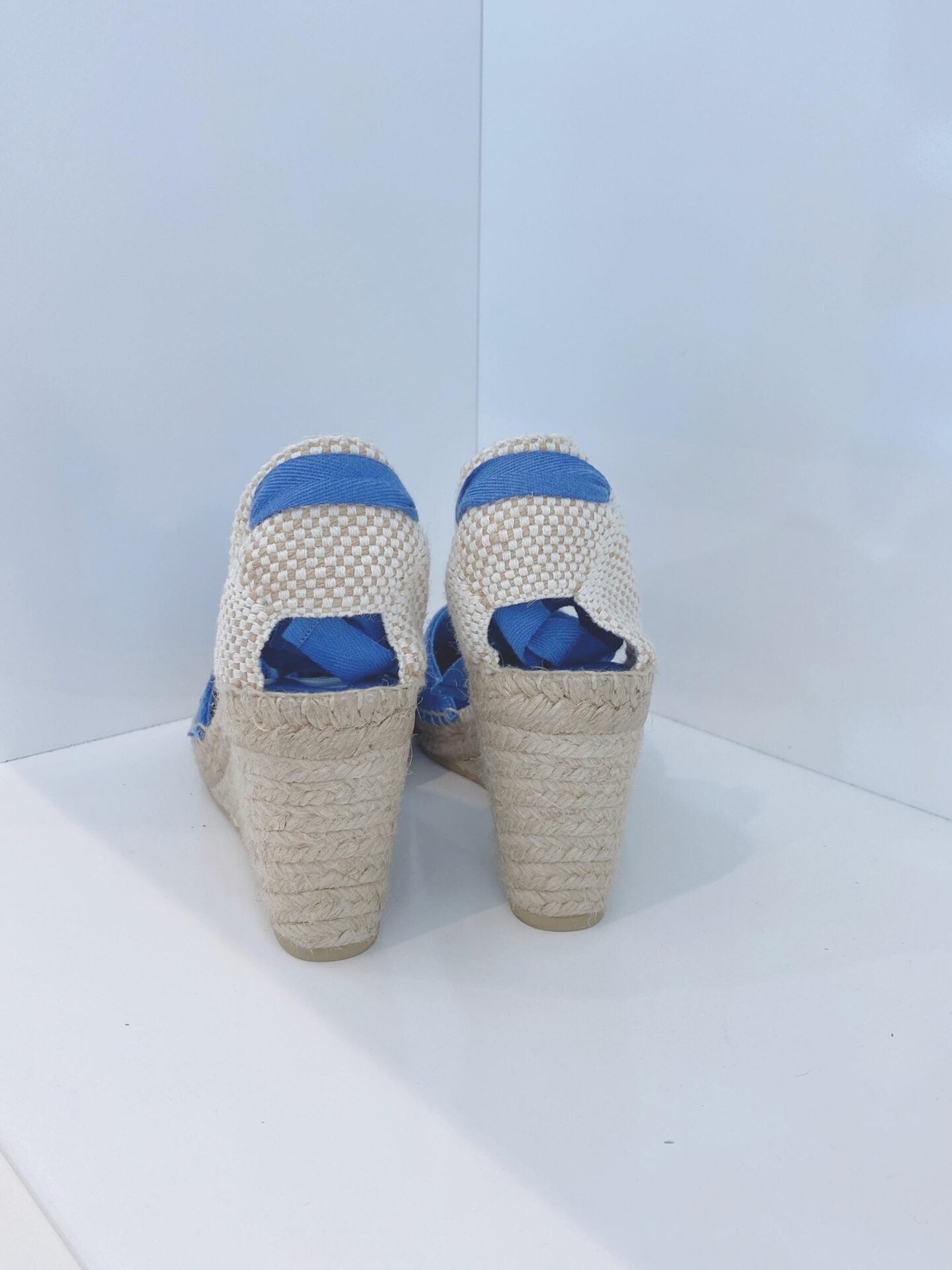 BLUE LINEN ESPADRILLE WEDGE SANDALS 40
