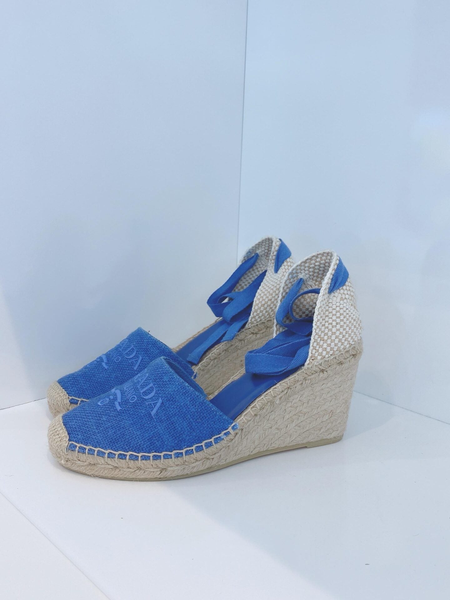 BLUE LINEN ESPADRILLE WEDGE SANDALS 40