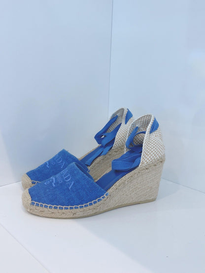 BLUE LINEN ESPADRILLE WEDGE SANDALS 40