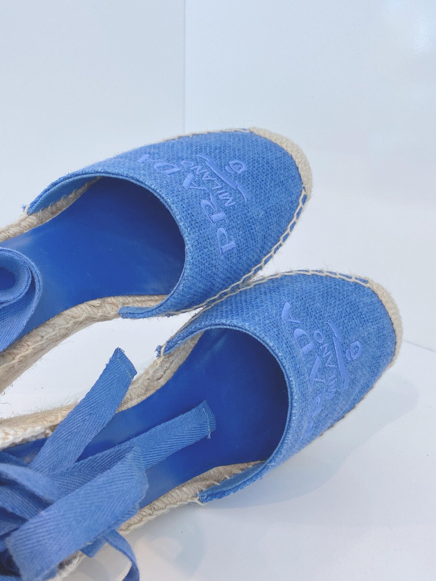 BLUE LINEN ESPADRILLE WEDGE SANDALS 40