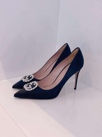 BLACK SATIN GG CRYSTAL POINTED TOE PUMPS 39