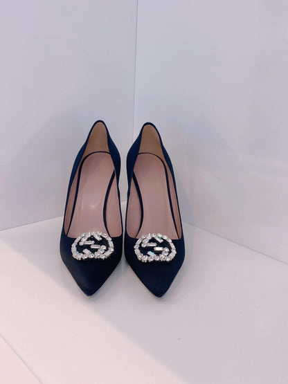 BLACK SATIN GG CRYSTAL POINTED TOE PUMPS 39