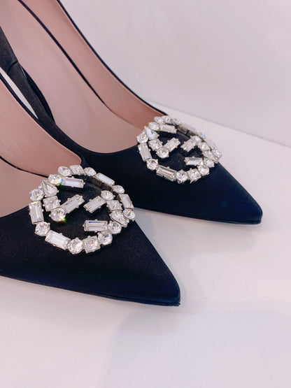BLACK SATIN GG CRYSTAL POINTED TOE PUMPS 39