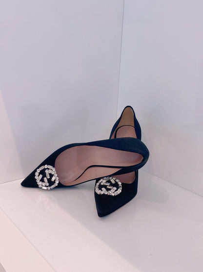 BLACK SATIN GG CRYSTAL POINTED TOE PUMPS 39