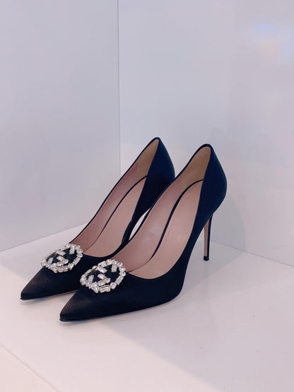 BLACK SATIN GG CRYSTAL POINTED TOE PUMPS 39
