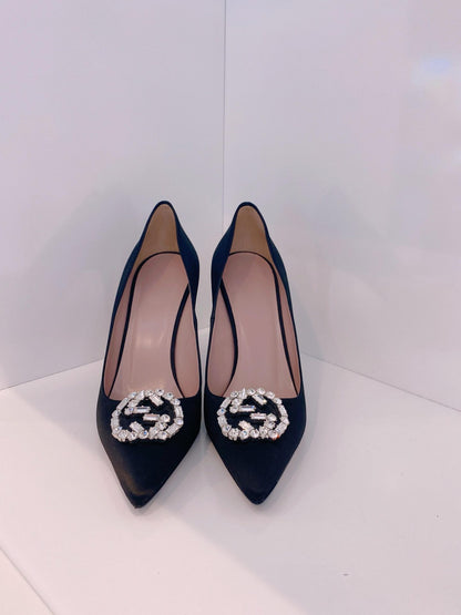 BLACK SATIN GG CRYSTAL POINTED TOE PUMPS 39