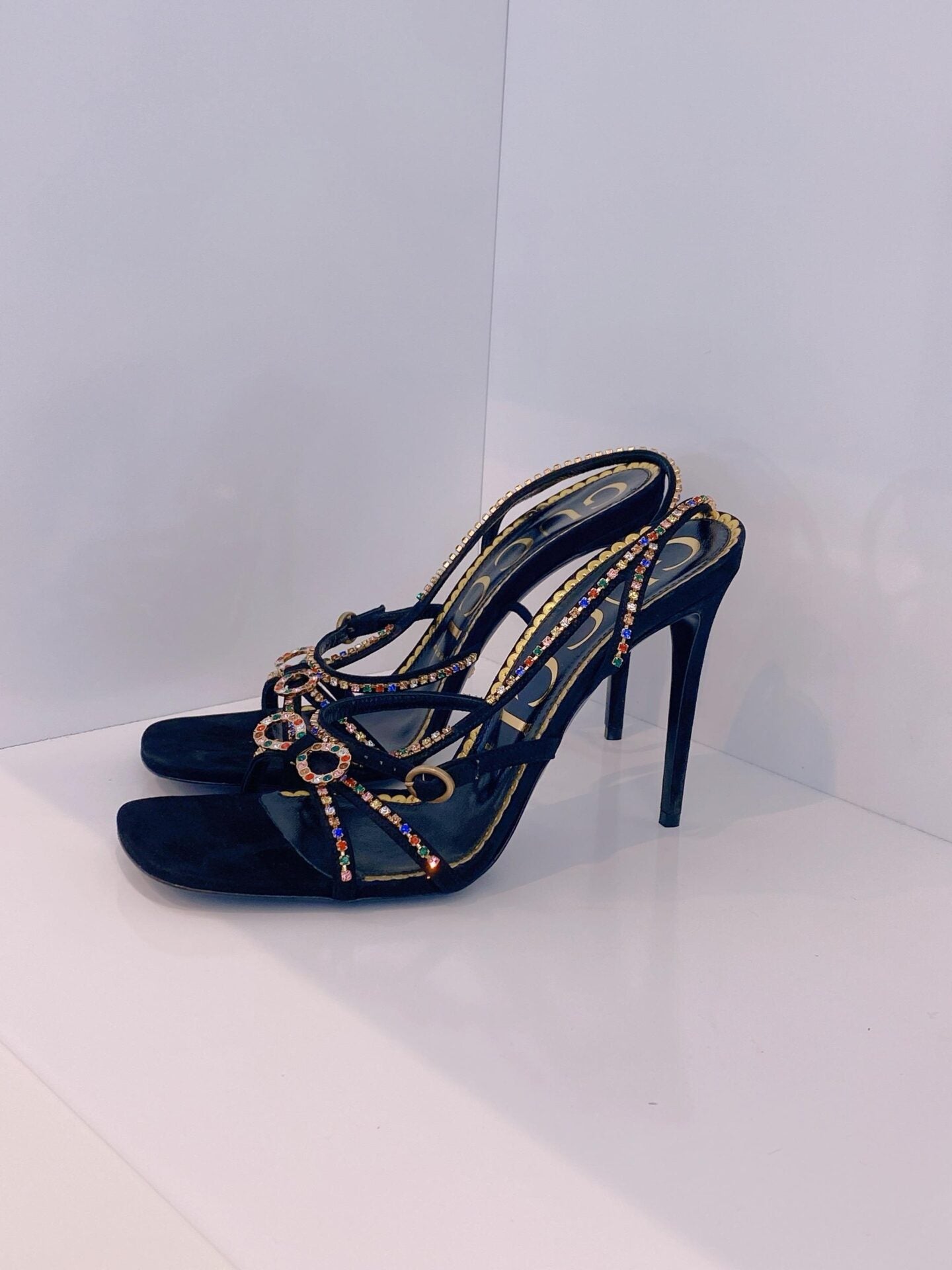 BLACK SUEDE MULTICOLOR CARMEN STRASS SANDALS 40.5