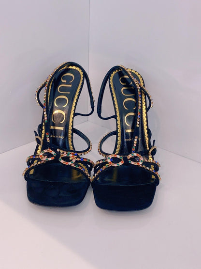 BLACK SUEDE MULTICOLOR CARMEN STRASS SANDALS 40.5
