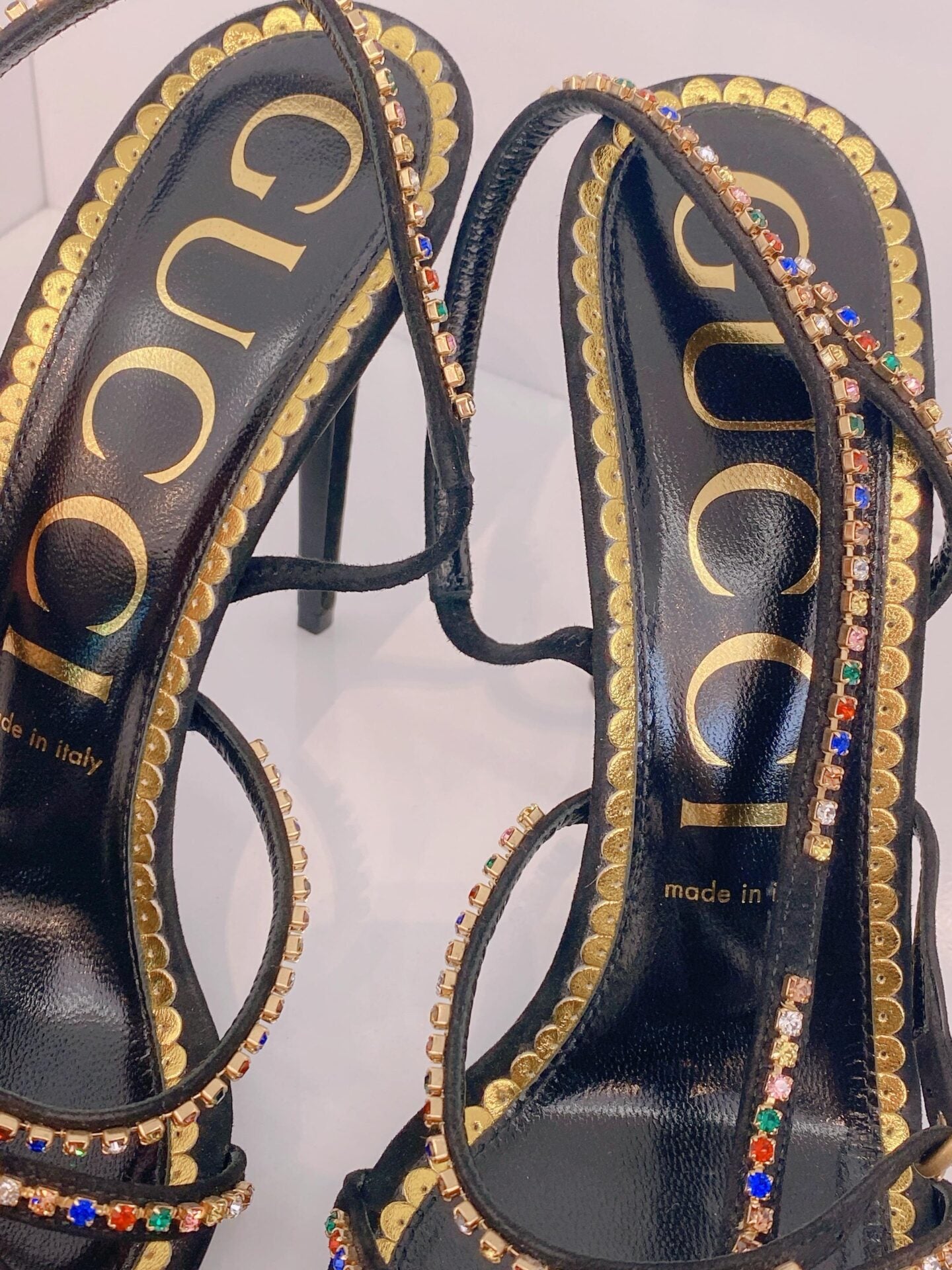 BLACK SUEDE MULTICOLOR CARMEN STRASS SANDALS 40.5
