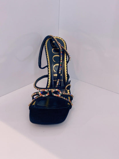 BLACK SUEDE MULTICOLOR CARMEN STRASS SANDALS 40.5