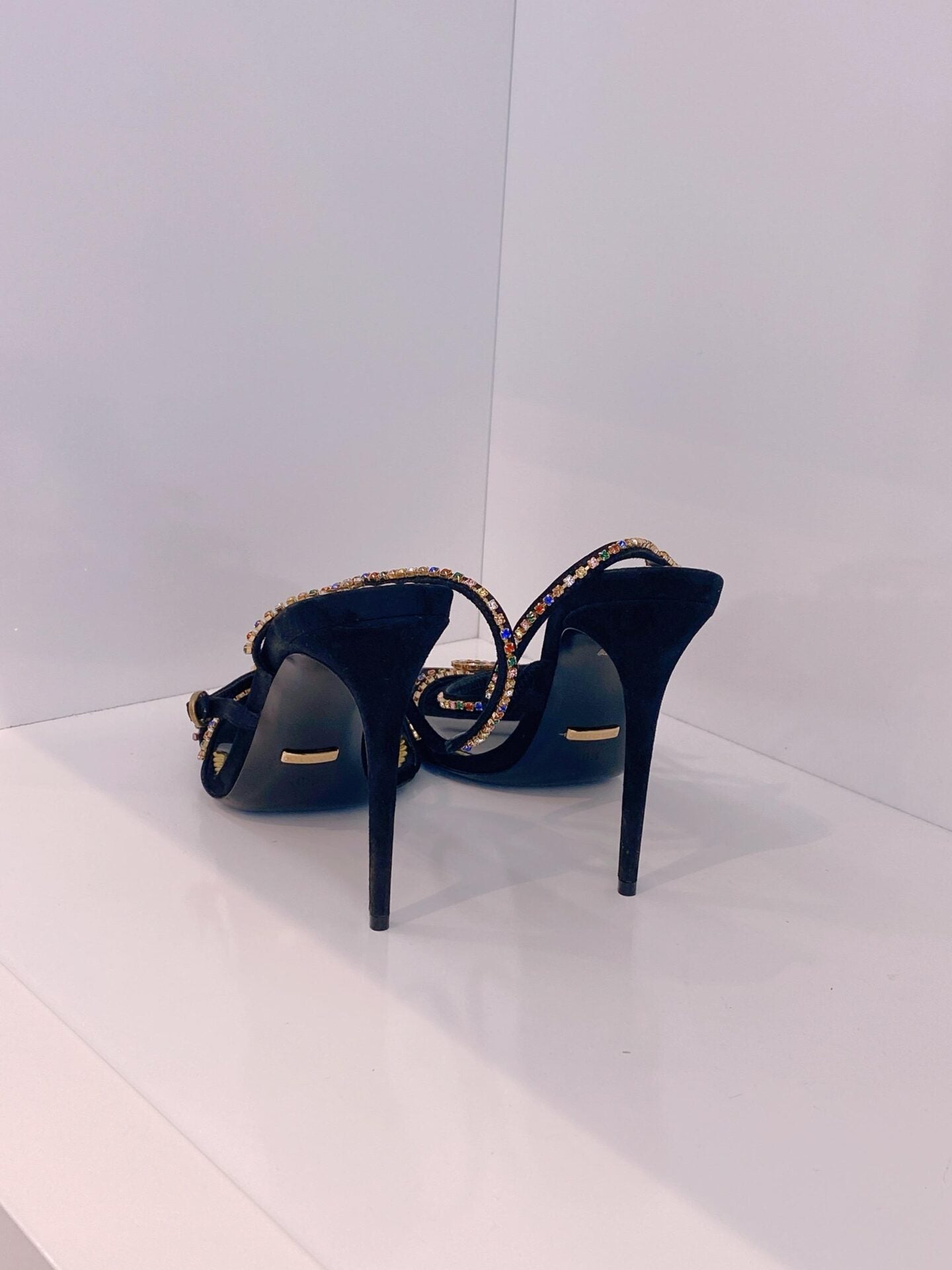 BLACK SUEDE MULTICOLOR CARMEN STRASS SANDALS 40.5