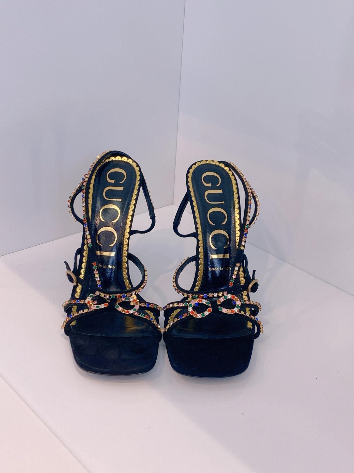 BLACK SUEDE MULTICOLOR CARMEN STRASS SANDALS 40.5